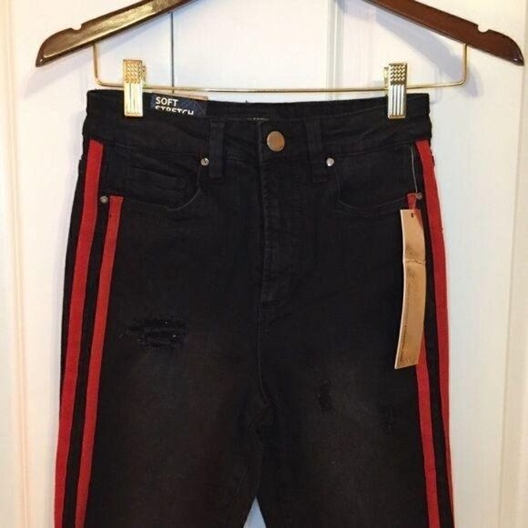 Tinseltown Black High Waist Red Stripe Cropped Raw Hem Jeans Size 25 New - Picture 3 of 7